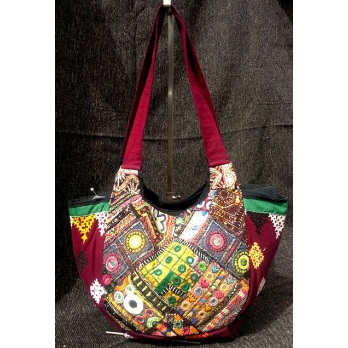 Sac indien patchwork de broderies du gujarat tons multicolors