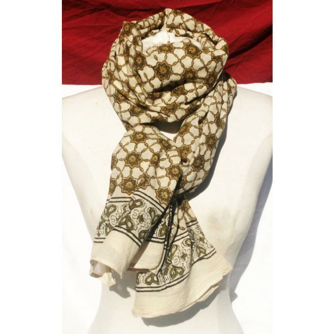 Foulard en coton kaki et blanc