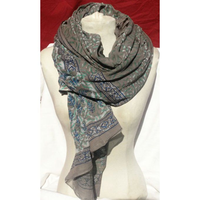 Maxi foulard en coton gris et bleu
