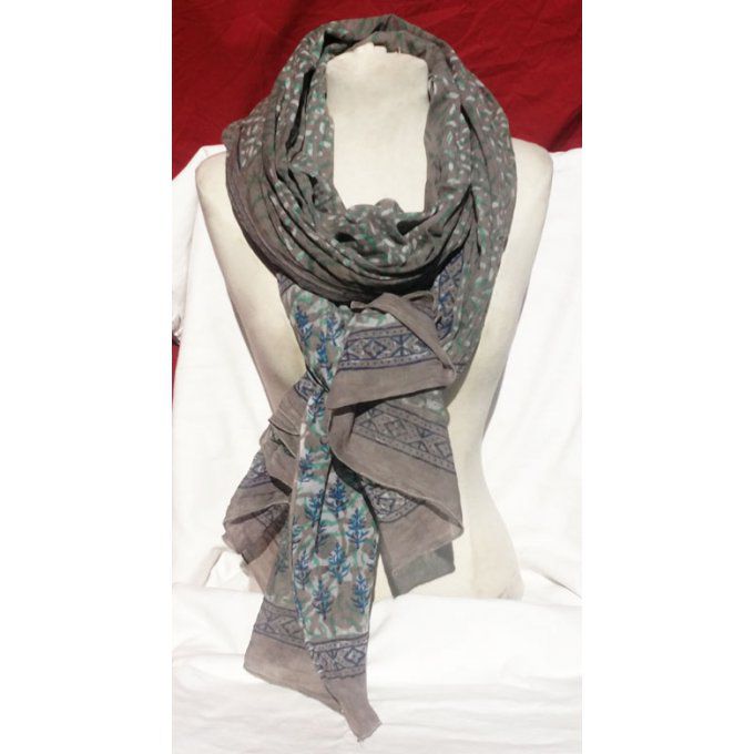 Maxi foulard en coton gris et bleu