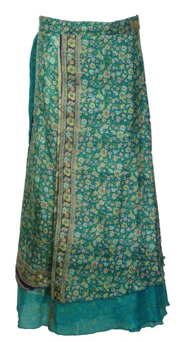 Jupe longue en soie bleue turquoise à fleurs jaunes