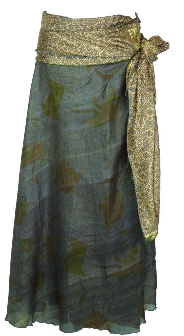 Jupe longue en soie aux motifs gris et marron