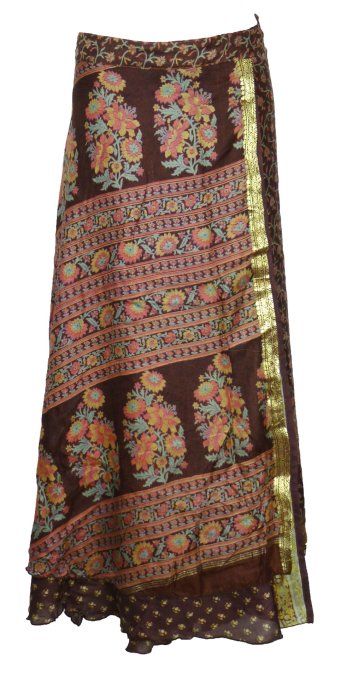 Jupe longue en soie marron et touches pastelles