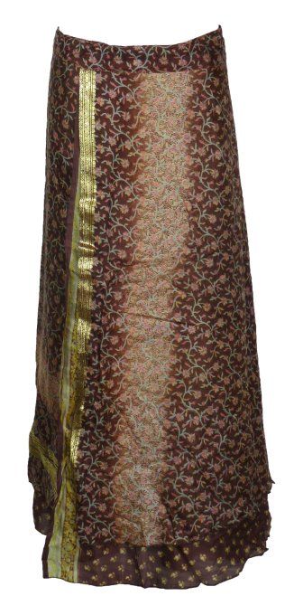 Jupe longue en soie marron et touches pastelles