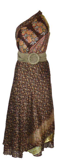 Jupe longue en soie marron et touches pastelles