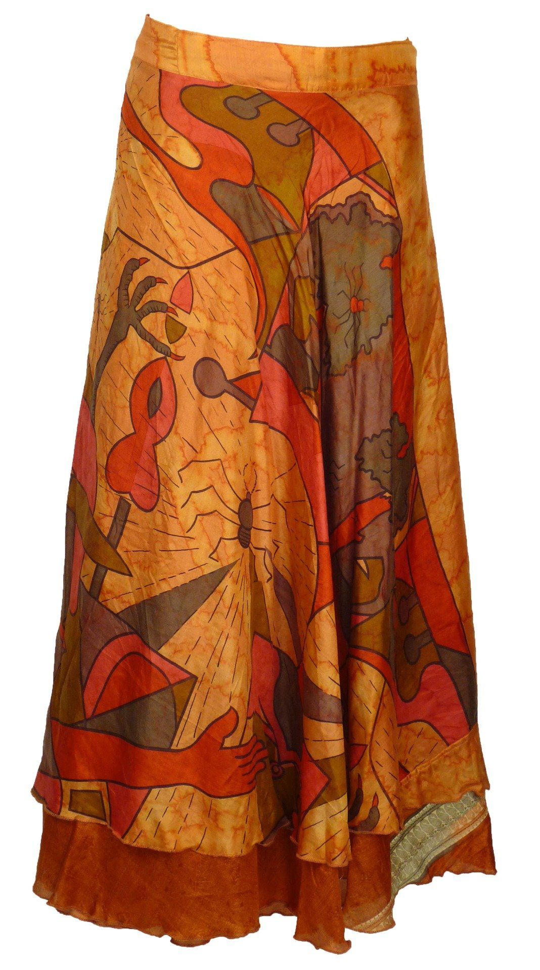 Jupe longue en soie orange au motif abstrait