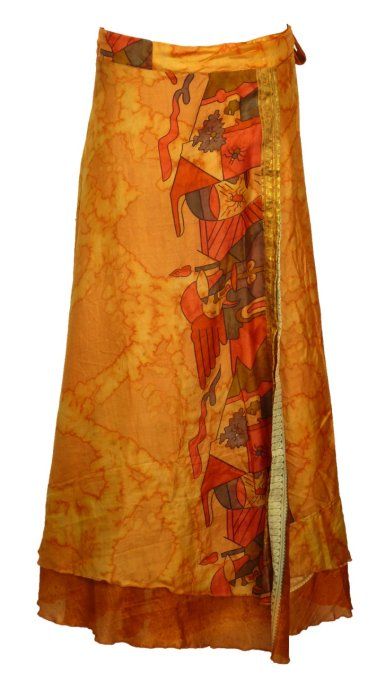 Jupe longue en soie orange au motif abstrait