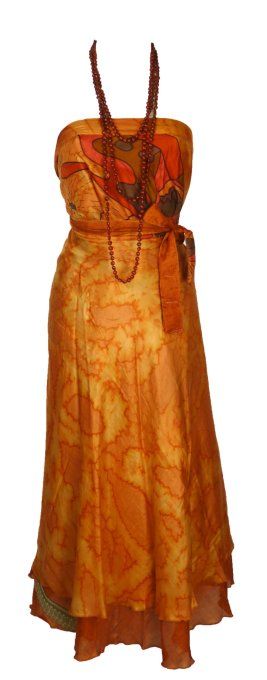 Jupe longue en soie orange au motif abstrait