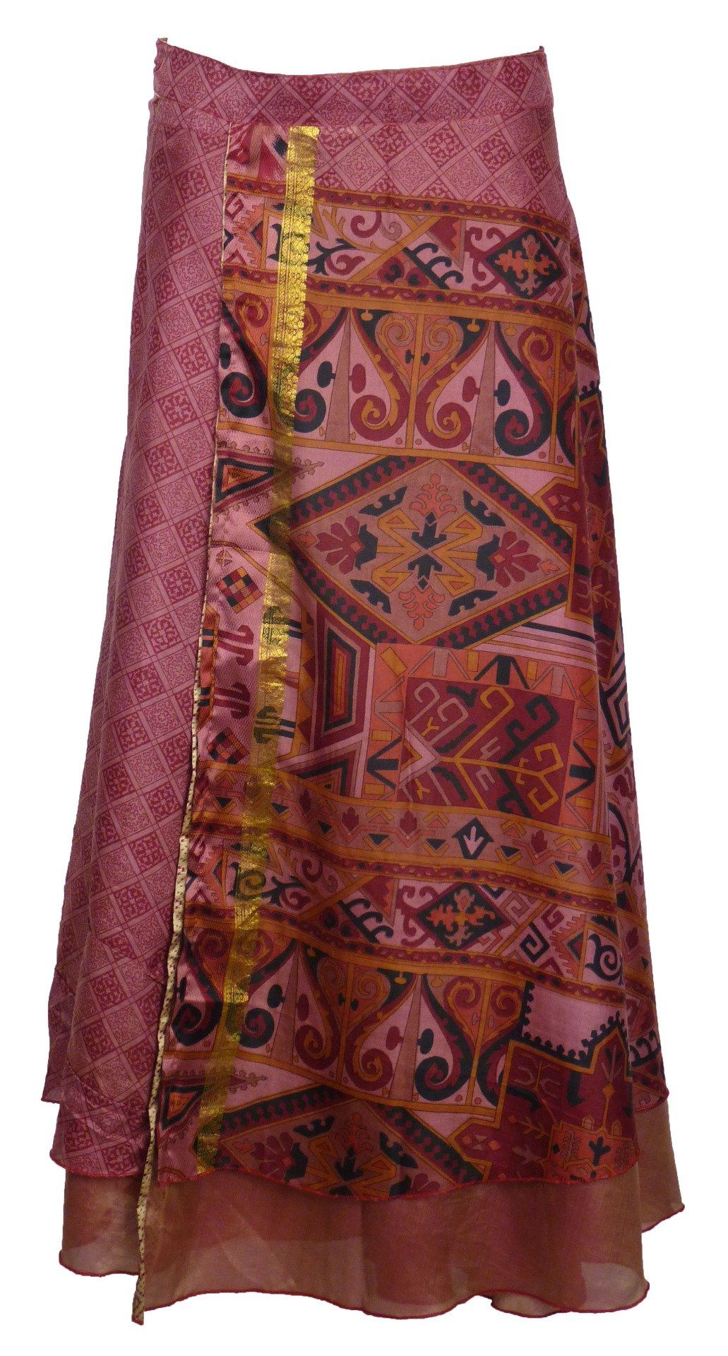 Jupe longue en soie rose aux motifs astèques