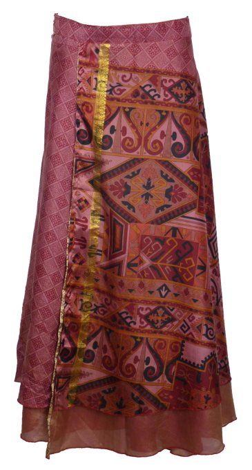 Jupe longue en soie rose aux motifs astèques