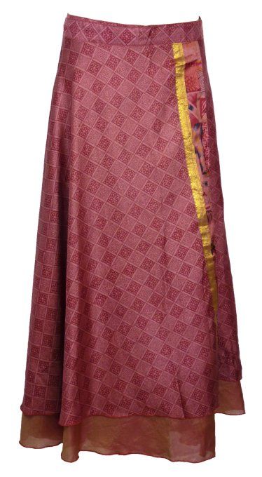 Jupe longue en soie rose aux motifs astèques