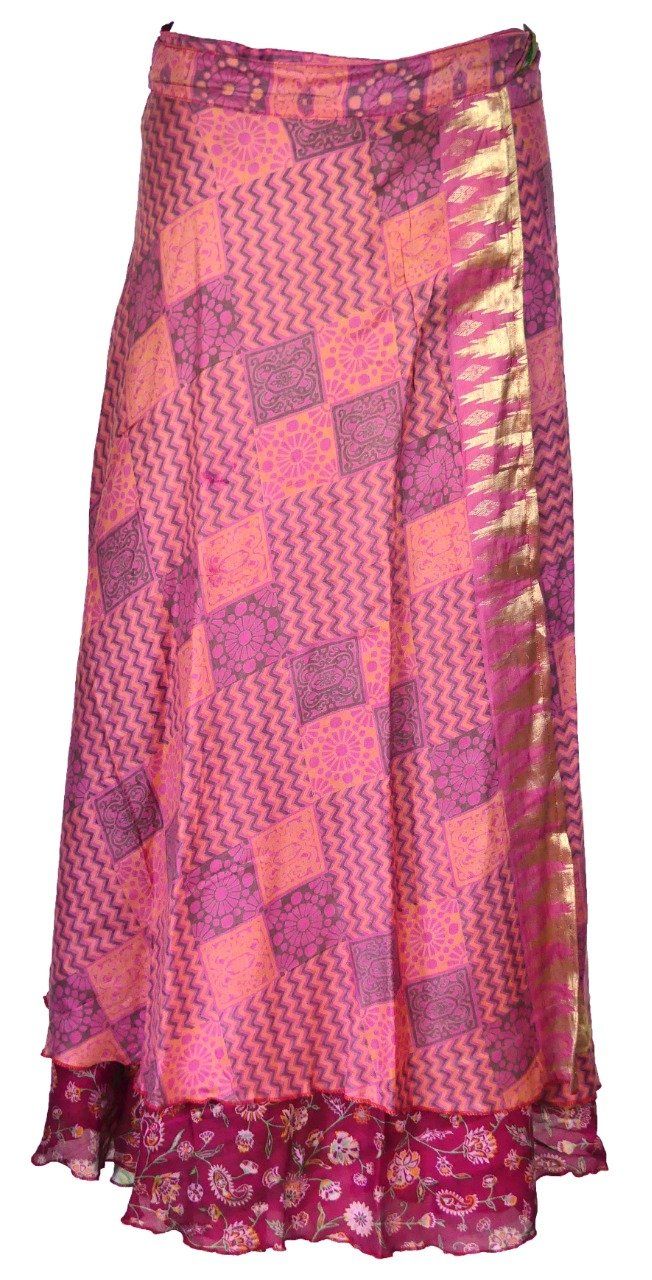 Jupe longue en soie rose et bordeaux