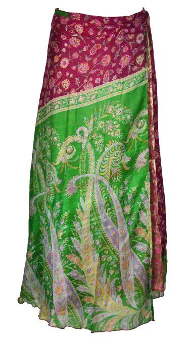Jupe longue en soie rose et bordeaux