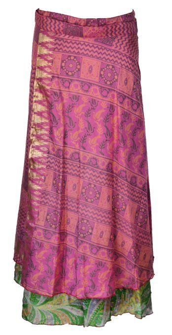 Jupe longue en soie rose et bordeaux