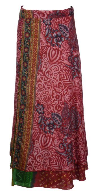 Jupe longue en soie rouge rose et noire