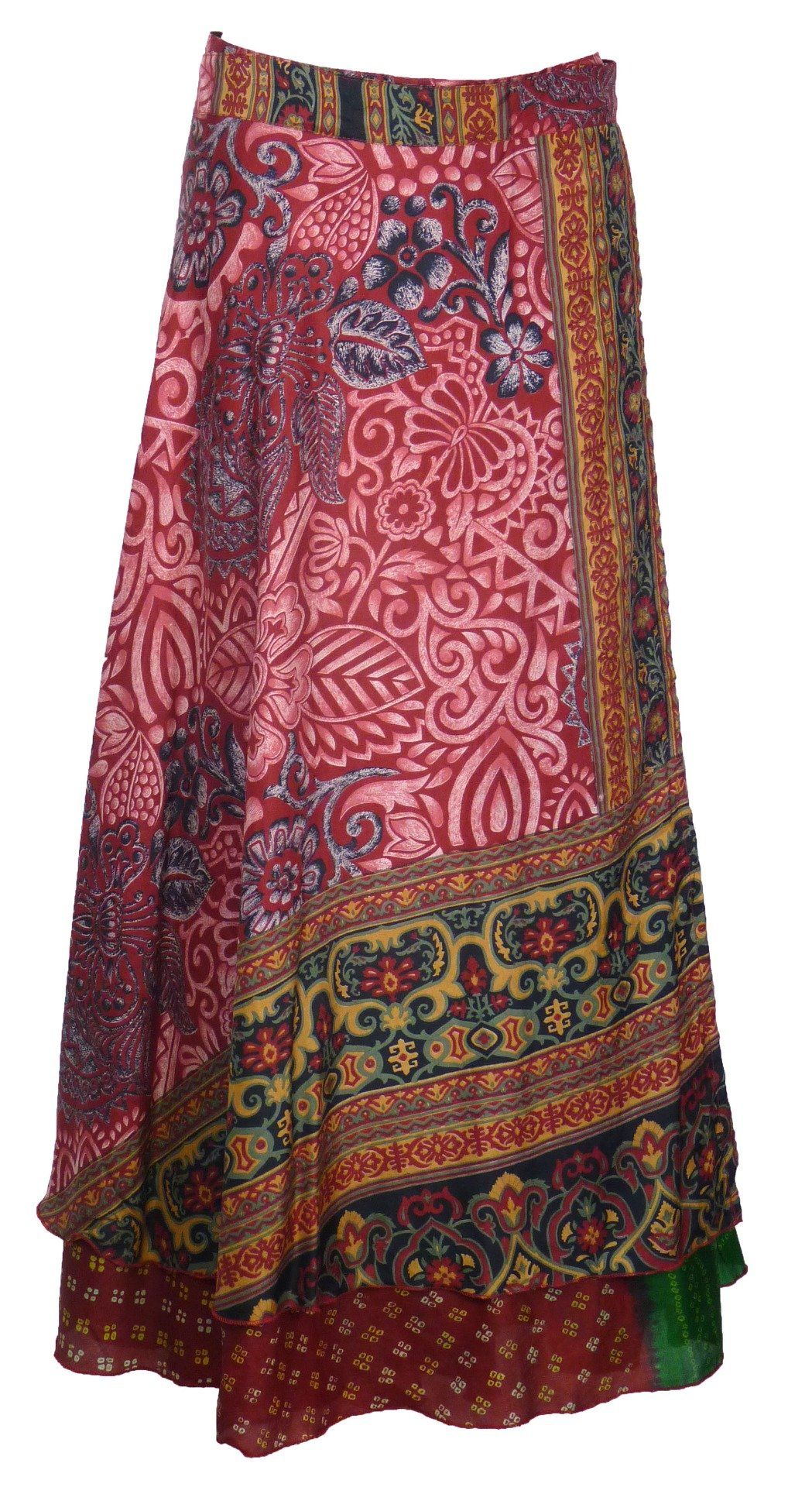 Jupe longue en soie rouge rose et noire