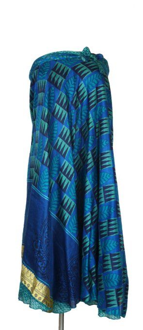 Jupe longue en soie turquoise et bleue