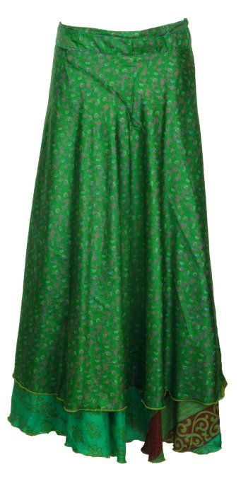 Jupe longue en soie verte et bordeaux