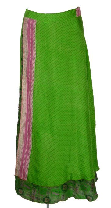 Jupe longue en soie verte et rose pâle