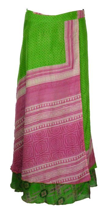 Jupe longue en soie verte et rose pâle