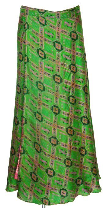 Jupe longue en soie verte et rose pâle