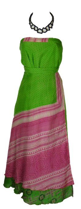 Jupe longue en soie verte et rose pâle