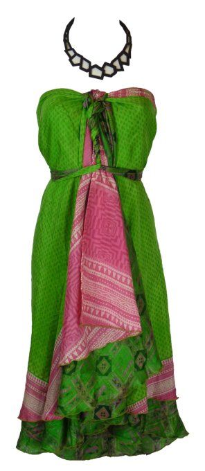 Jupe longue en soie verte et rose pâle