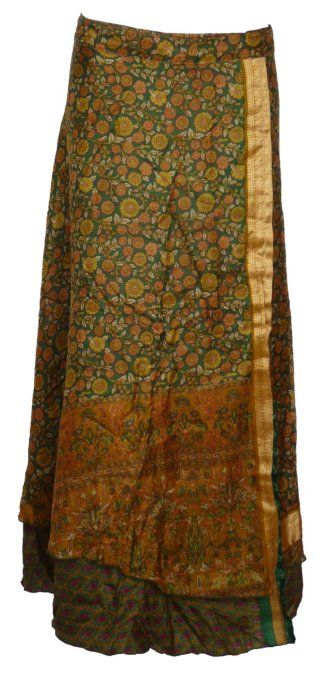 Jupe longue en soie verte et moutarde à fleurs