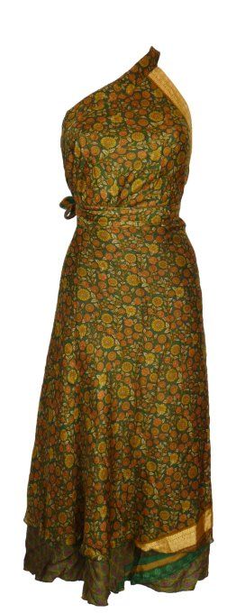 Jupe longue en soie verte et moutarde à fleurs