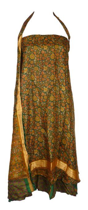 Jupe longue en soie verte et moutarde à fleurs