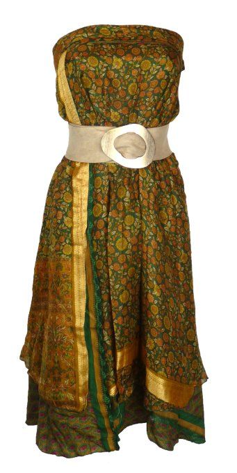 Jupe longue en soie verte et moutarde à fleurs