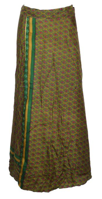 Jupe longue en soie verte et moutarde à fleurs
