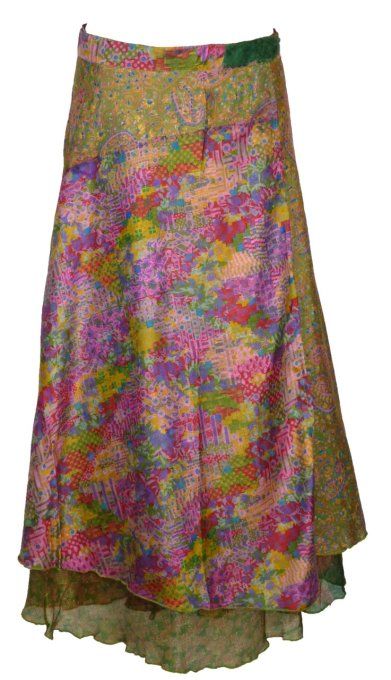 Jupe longue en soie verte multicolore