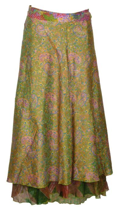 Jupe longue en soie verte multicolore
