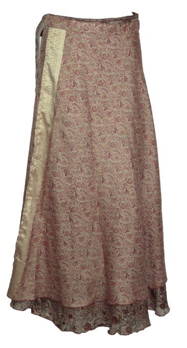 Jupe longue en soie beige et bordeaux