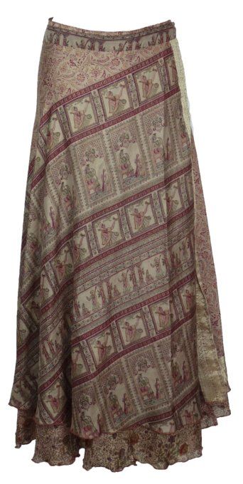 Jupe longue en soie beige et bordeaux