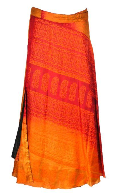 Jupe longue en soie orange à fleurs rose et bleues