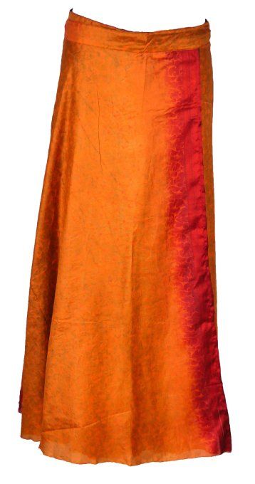 Jupe longue en soie orange à fleurs rose et bleues