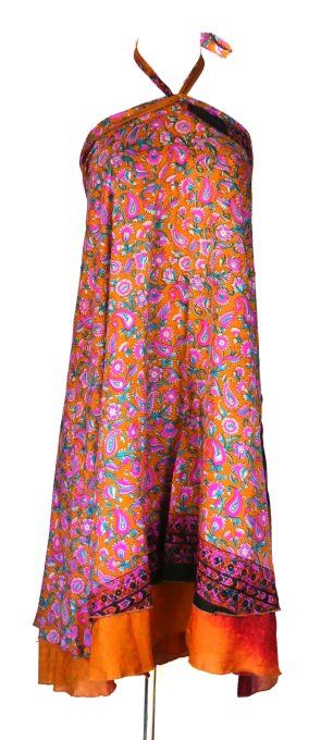 Jupe longue en soie orange à fleurs rose et bleues