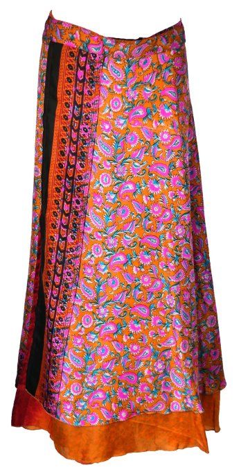 Jupe longue en soie orange à fleurs rose et bleues
