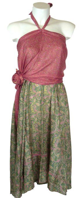 Jupe longue en soie rose et verte
