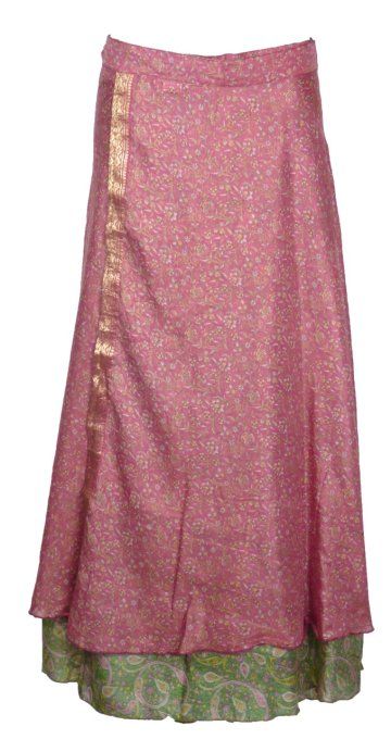 Jupe longue en soie rose et verte