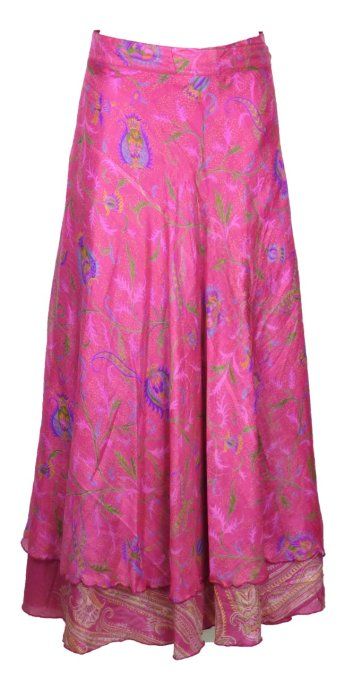 Jupe longue en soie rose et verte