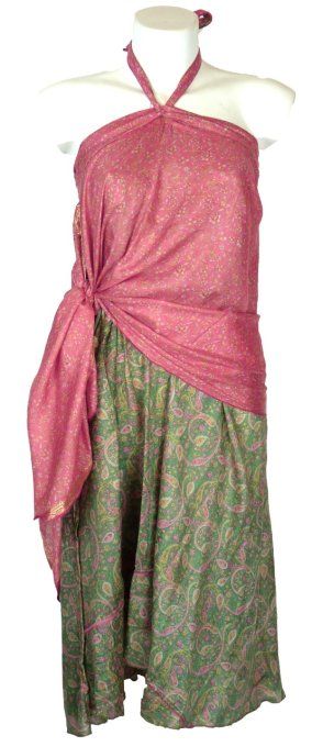Jupe longue en soie rose et verte