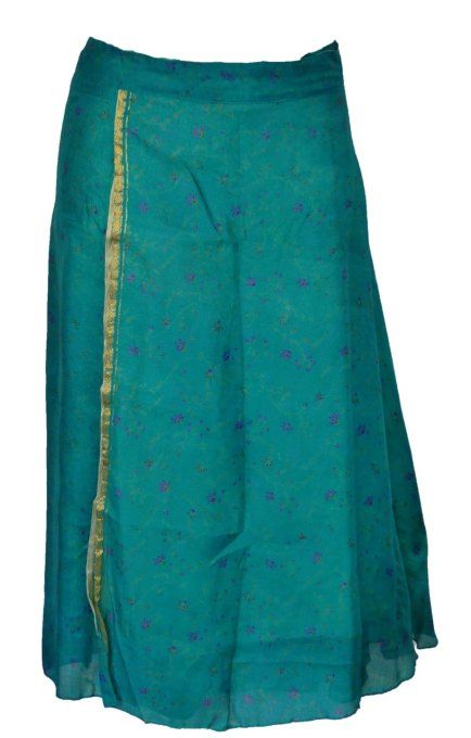 Jupe mi longue en soie bleue et bleue/ verte