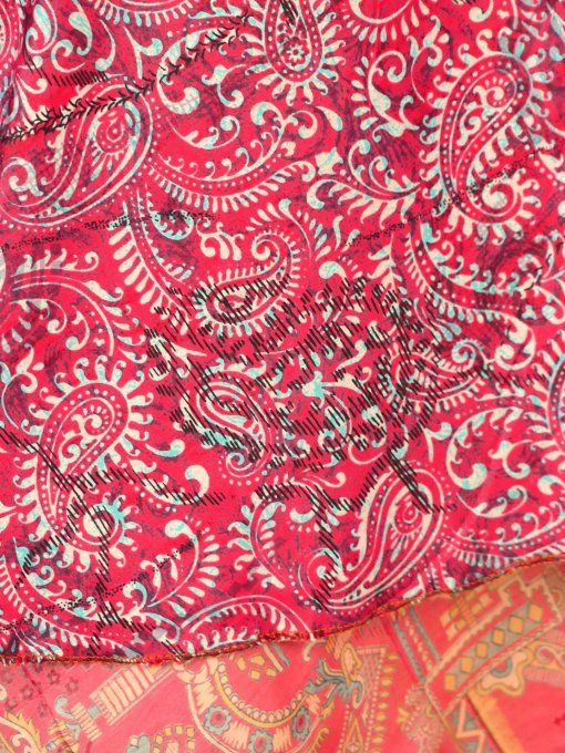 Jupe mi longue en soie rouge et rose saumon