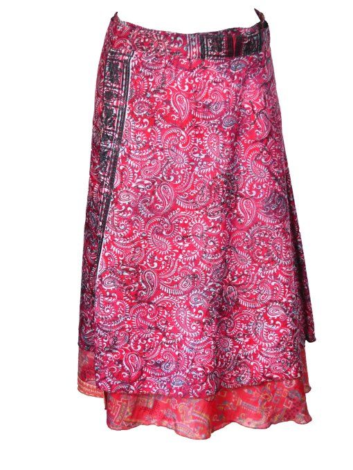 Jupe mi longue en soie rouge et rose saumon