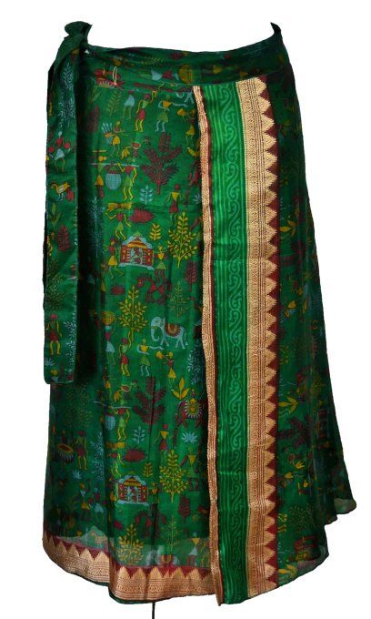 Jupe mi longue en soie verte et bordeaux