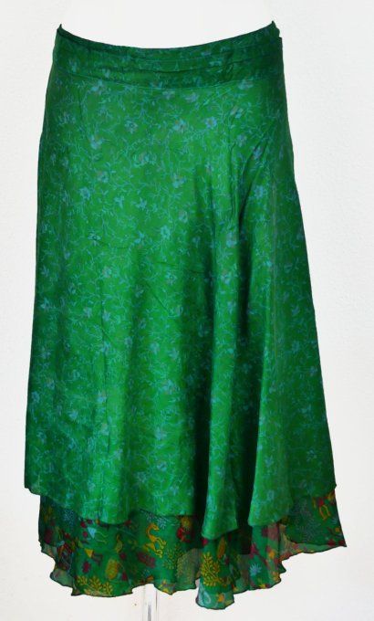 Jupe mi longue en soie verte et bordeaux