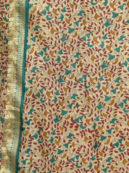 Jupe mi longue en soie à petites fleurs pétrole et moutarde sur fond écru